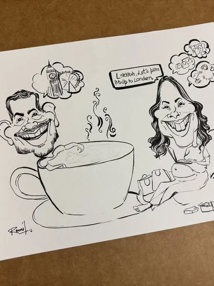 The first step: a clean black and white ink drawing. This is the foundation of the expecting couple caricature, where I define their features and the overall composition.
