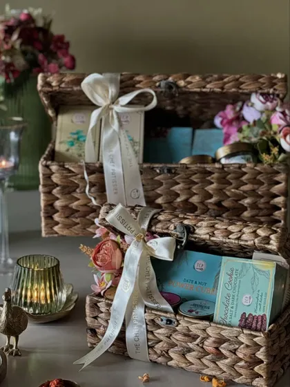Our wicker trunks are a customer favorite for Diwali. Here are two of them, packed with our eggless goodies and tied with our custom ribbon, ready to bring joy to any home.