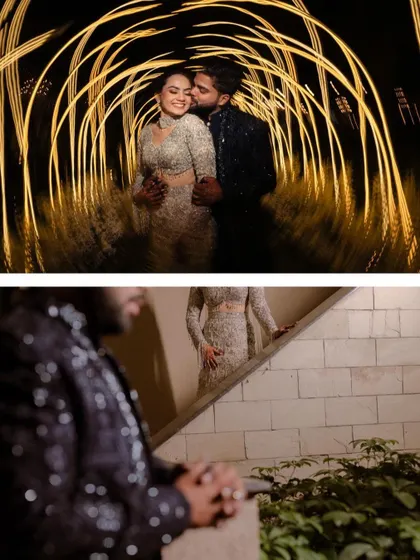 A collage of creative Sangeet night portraits, including a romantic light-painting shot and an artistic, reflective composition.