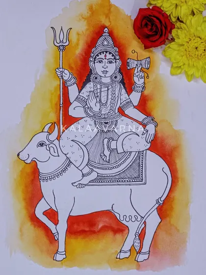 A duplicate image of my drawing of Devi Shailaputri from the Navadurga series. The warm watercolor wash complements the fine black ink lines of the traditional artwork.