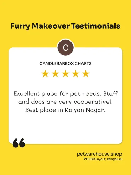 An excellent 5-star review for our Kalyan Nagar location. The customer highlights our cooperative staff and doctors, calling us the best place for pet needs in the area.