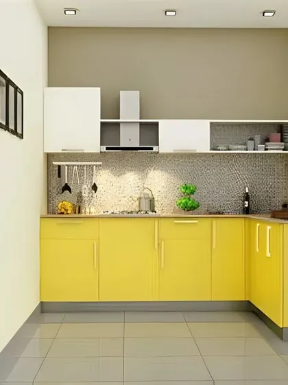 This compact L-shaped kitchen uses a bright yellow and white color scheme to create a cheerful and open feel. The design is simple yet effective, with ample storage and a clean layout perfect for smaller homes.