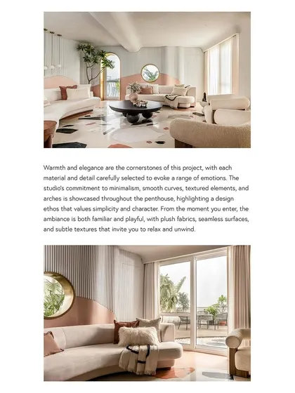 This spread from Design Milk emphasizes the warmth and elegance of the project, achieved through a careful selection of materials, smooth curves, and plush fabrics.