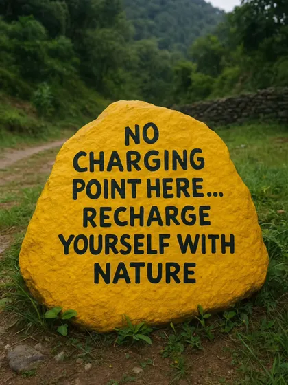 **Recharge Yourself with Nature.** A simple, powerful message painted on a rock: "No Charging Point Here... Recharge Yourself With Nature."