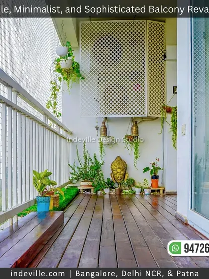 Another angle of the minimalist balcony, showing the white lattice screen used to cleverly conceal the outdoor AC unit while providing a surface for hanging plants.