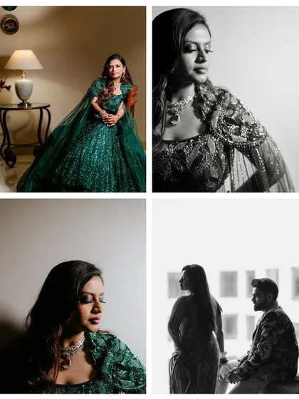 A collage of portraits from a reception night. The bride's stunning green gown and the couple's elegant poses are captured in both color and monochrome, showcasing their style.