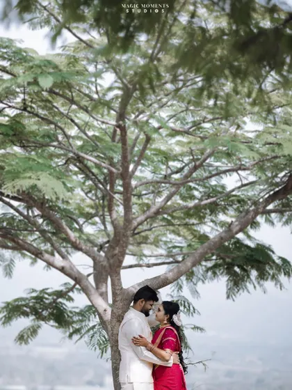 An intimate portrait of the couple under the tree. This pose emphasizes their connection and the quiet moment they share.