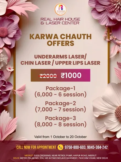 For Karwa Chauth, we are offering laser hair removal for underarms, chin, or upper lips at just ₹1,000 per session. Book your appointment before October 20th to avail this offer.