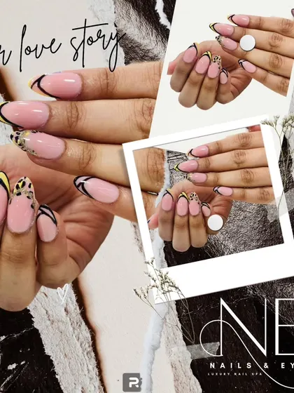 This design mixes different patterns for a bold, modern French tip. We combined a sharp black tip with a trendy yellow and black leopard print accent for a fierce look.