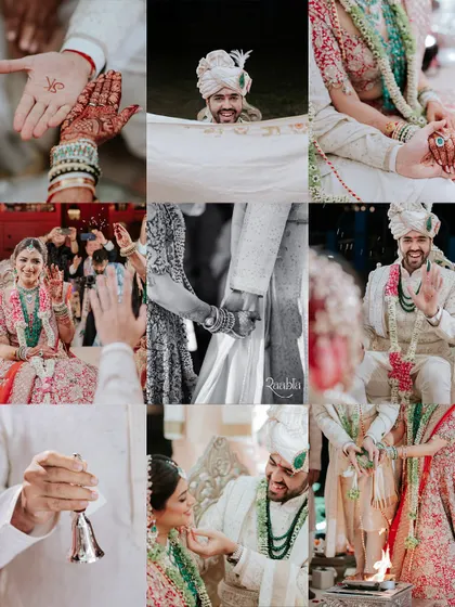 A collage of beautiful moments from Khushboo and Shubham's wedding in Doha, capturing details, rituals, and candid smiles.