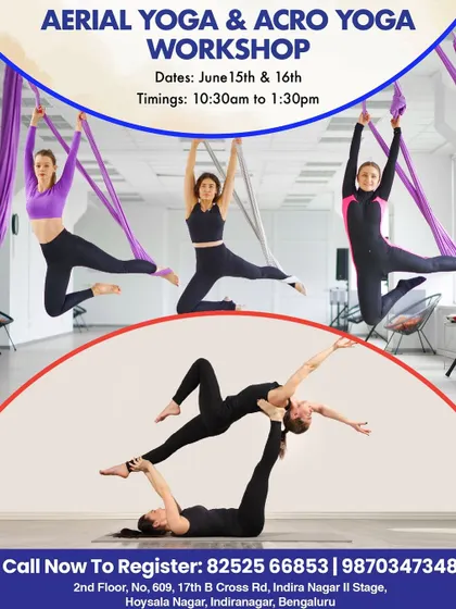 Join our upcoming Aerial and Acro Yoga workshop. This poster gives you all the details to register for a weekend of learning modern yoga forms under expert guidance.