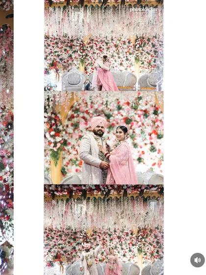A collage from a Sikh wedding, showing the couple against a stunning floral backdrop, capturing both individual and couple portraits.