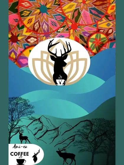 This is the complete digital artwork for the 'Ani-co Coffee' concept. I put a lot of mehnat into this, creating the deer logo from scratch and blending the mountain landscape with the vibrant pattern. This is the kind of detailed work I bring to every project.