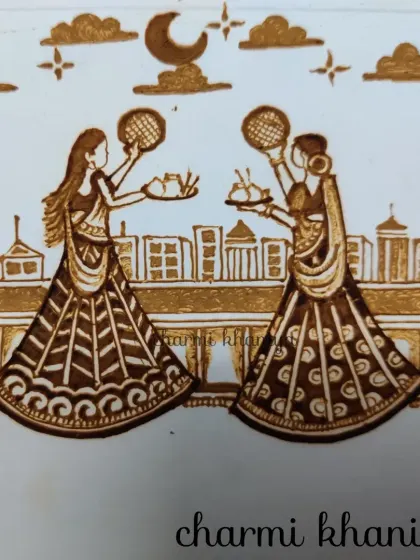 A miniature sketch of ladies celebrating Karwa Chauth. These small figures are perfect for telling a story on your hands during the festival.