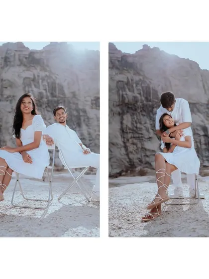 A diptych from a scenic pre-wedding shoot, showing both a tender embrace and a stylish pose against a rocky landscape. This showcases the variety we can achieve.