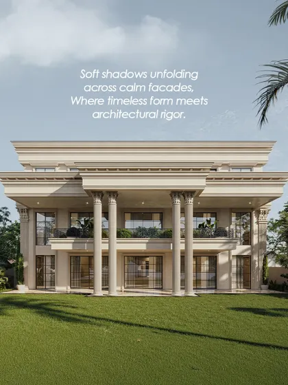 Soft shadows unfold across the calm facade of this neoclassical home, where timeless form meets architectural rigor. The grand columns and symmetrical design create a sense of peace and order.