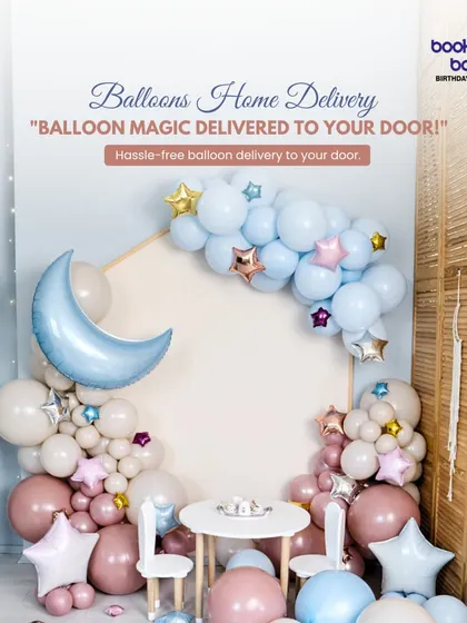 We deliver balloon magic right to your door. This image showcases a beautiful moon and stars themed setup, which can be ordered as part of our hassle free home delivery service for any occasion.