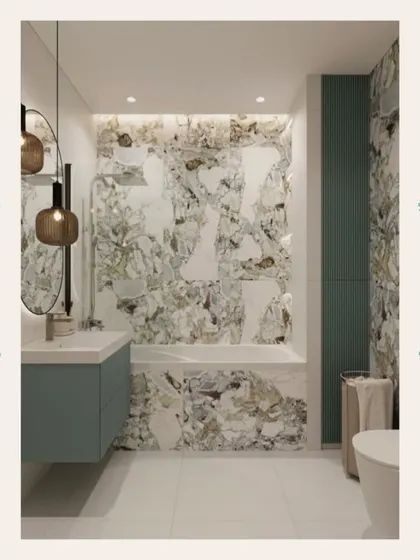 A wider view of the bathroom, showing the balance between the vibrant marble, the solid teal accent wall, and the clean white floor tiles.