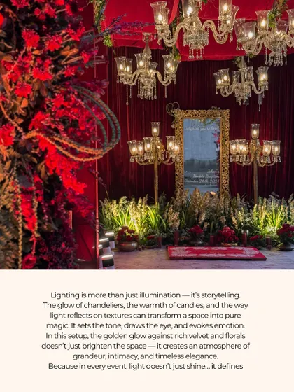 A dramatic, red-themed reception space filled with multiple chandeliers and candelabras. The golden light reflecting off the velvet drapes and floral arrangements creates an atmosphere of pure magic and grandeur.