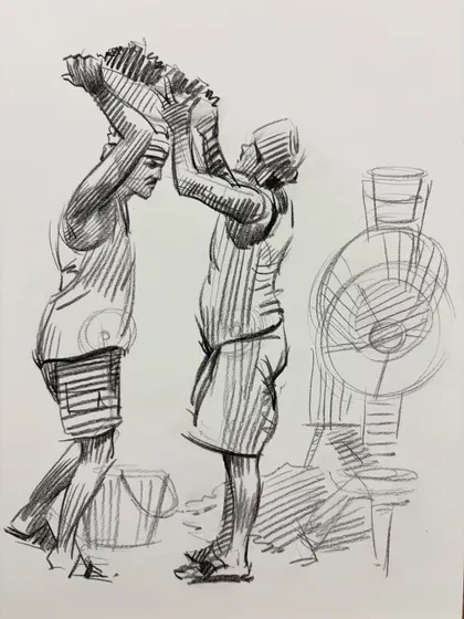 A sketch capturing the interaction between two workers, an exercise in multi-figure composition.