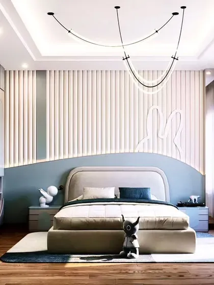 A whimsical bedroom design featuring a unique built-in seating nook within the wardrobe and a bunny-themed neon light.