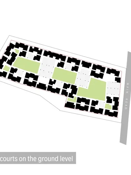 This plan illustrates the distribution of green courts at the ground level of Brigade Parkside East. These landscaped spaces improve the microclimate, provide recreational areas, and ensure most apartments have a view of nature.