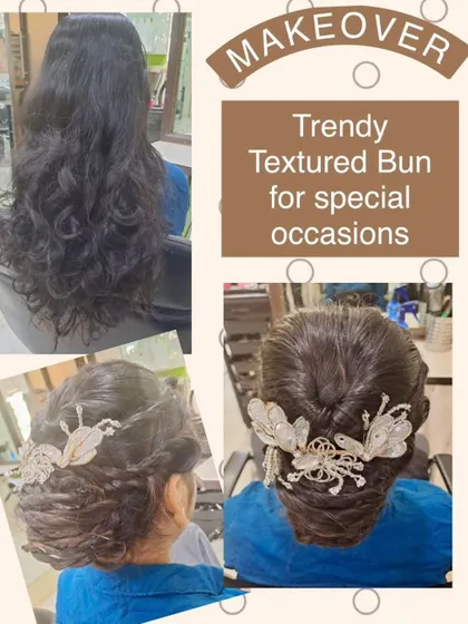 A beautiful example of a trendy textured bun, perfect for a wedding, party, or any special occasion. This updo combines softness and structure, finished with elegant hair accessories for a touch of sparkle.