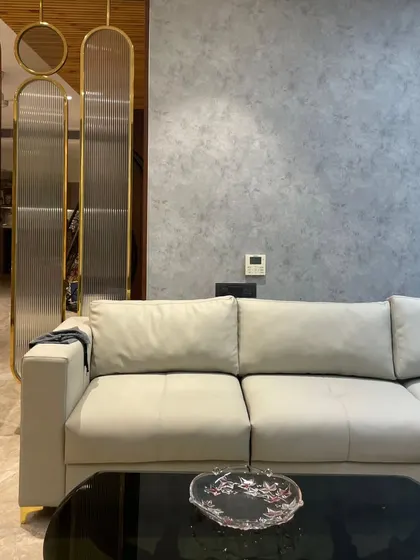 A detail shot of a living room, showing a modern leatherette sofa next to a stunning metal and fluted glass partition. The textured grey wall in the background adds depth and character.