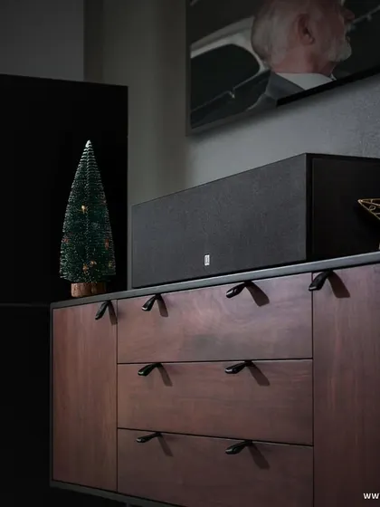 A close-up of a Definitive Technology home theater system nestled amongst Christmas decorations. These products are designed to elevate every moment and become a talking point of your seasonal gatherings.