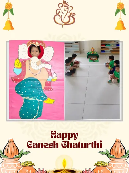 A child peeks through a Ganesha cutout during our festival celebrations. Moments of playful fun are woven into our cultural learning, creating happy memories and a positive association with tradition.