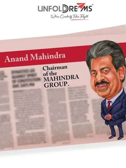 A caricature of Anand Mahindra, Chairman of the Mahindra Group.