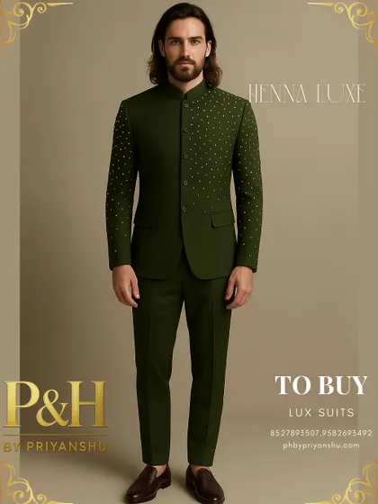 A full-length view of the olive green Jodhpuri, showcasing its sharp tailoring and unique embellishments.