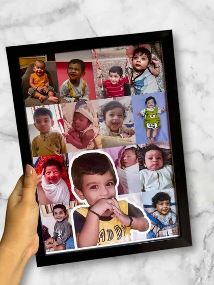 This A4-sized photo frame collage is inspired by Pinterest layouts. It’s a wonderful way to showcase a collection of moments from your child's year, with one special photo highlighted in the center.