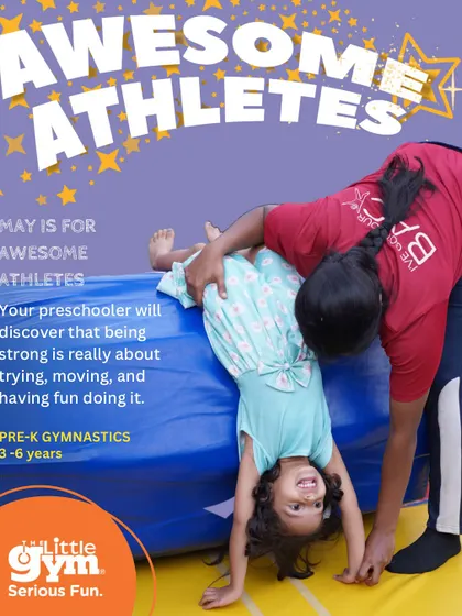 From our "Awesome Athletes" theme, these images show a preschooler being spotted by a coach and another balancing with a huge smile. We celebrate every wobble and try, building strength and trust.