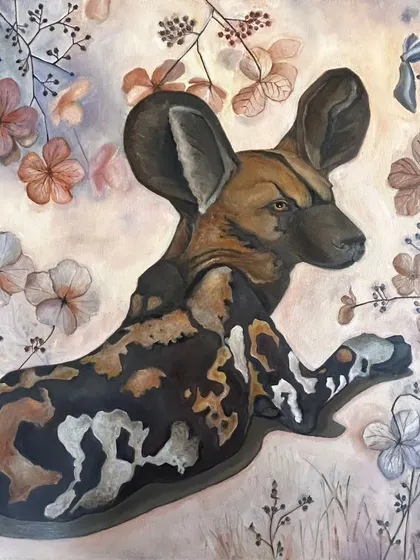 Our artists explore a wide range of wildlife subjects. This collection includes a striking painting of a crow among flowers and a gentle portrait of an African wild dog, showcasing diverse styles and emotional tones.