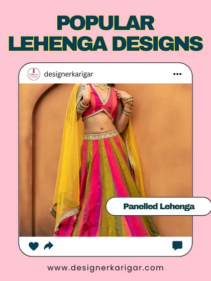 A panelled lehenga uses multiple panels of fabric to create a full, vibrant skirt. This multi-colored lehenga is a fun and festive option for a Mehendi or Sangeet.