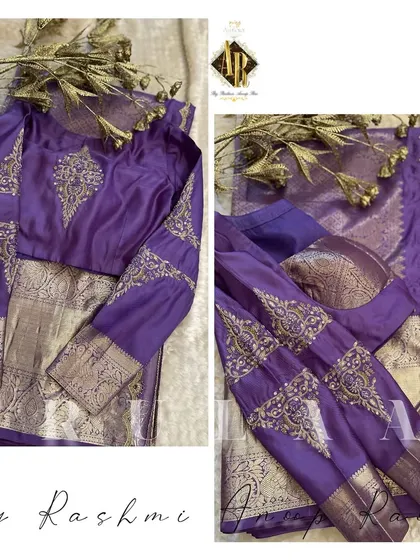 A purple blouse with elegant placement embroidery on the sleeves. This kind of work adds a touch of richness without overwhelming the entire garment.