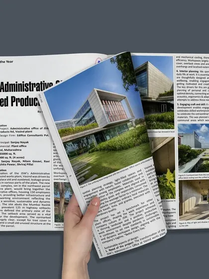 Our JSW Vasind project was featured in the Journal of the Indian Institute of Architects (JIIA). This recognition highlights the project's success in consolidating functions and creating a sustainable, climate-responsive workplace.