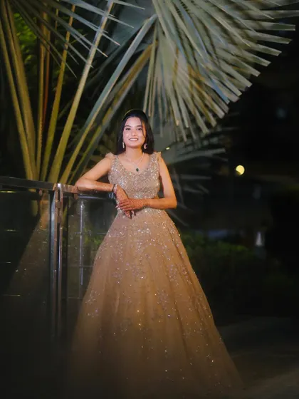 A full-length shot showing the entire look. This is a perfect example of a modern engagement style.