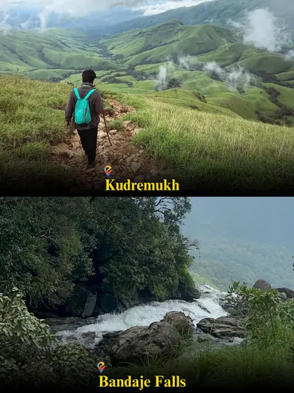More monsoon trek inspiration, showcasing the vast green landscapes of Kudremukh and the hidden Bandaje Falls.