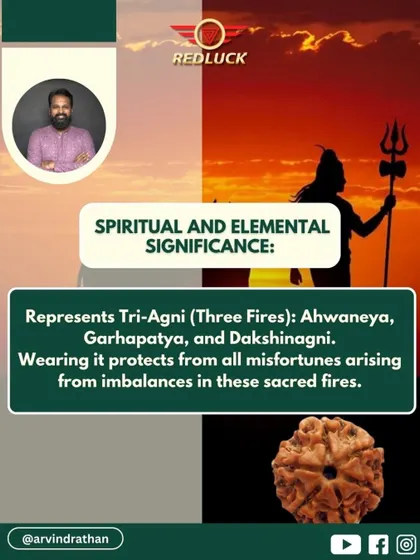 The Three-Faced Rudraksha represents the Tri-Agni, or three sacred fires. Wearing it protects from misfortunes that arise from imbalances in these elemental fires, bringing stability and karmic cleansing.