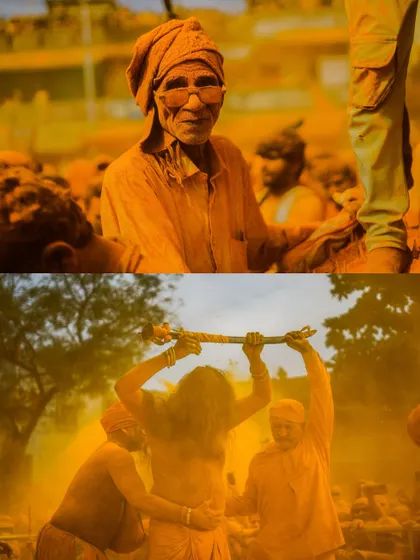 Action shots and crowd scenes from the turmeric festival, capturing the dynamic energy of the celebration. These images show devotees dancing, playing drums, and throwing clouds of yellow powder into the air.
