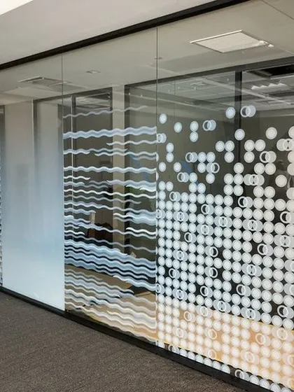 This image, a duplicate, displays a variety of modern frosted film patterns, illustrating the wide range of custom designs available for office partitions.