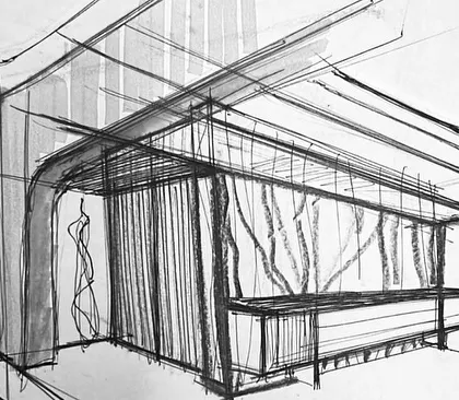 An initial concept sketch for the bar area of the neoclassic villa. This is where the first ideas about form, flow, and atmosphere take shape before being developed into detailed models.