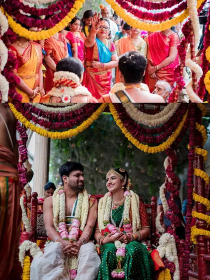 The couple sharing a moment on the ceremonial swing, or 'oonjal', a beautiful tradition in Iyer weddings that we love to photograph.