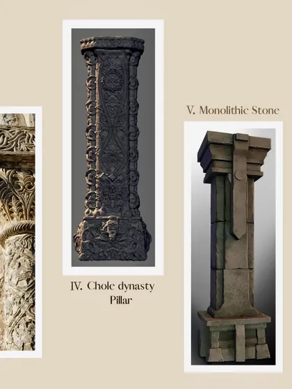 An inspiration board showcasing different styles of ancient pillars, from the Chola dynasty to monolithic stone. This highlights our research into historical architectural details.