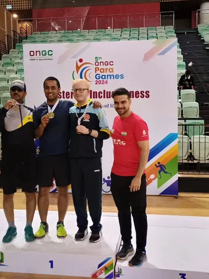 We are immensely proud to coach para-athletes and support their journey to the top. Here is our player, Dewanshu, on the podium after securing a bronze medal at the 5th ONGC Para Games 2024. Our inclusive training programs are adapted for every athlete's needs.