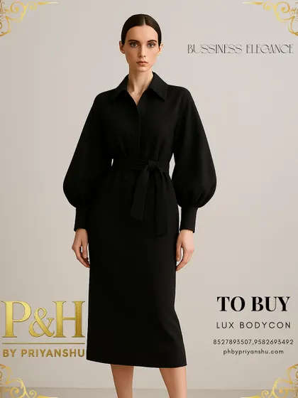 A full-length view of the black bodycon dress, emphasizing its elegant midi length and the sophisticated drape of the fabric. This is a versatile piece for the modern businesswoman.
