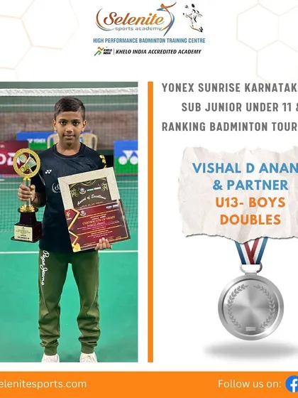 Vishal D Anand & his partner celebrate their Silver medal in the U-13 Boys Doubles at the Yonex Sunrise Karnataka State Sub Junior tournament.