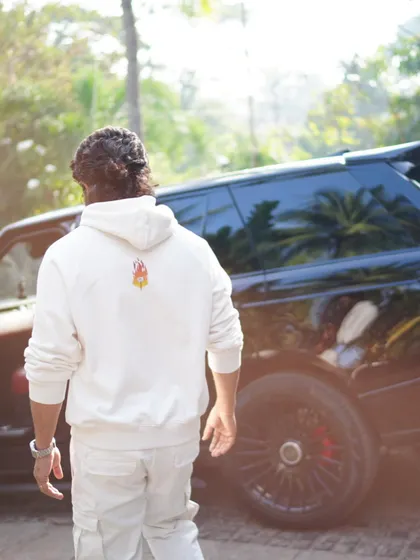 A subtle detail on the back of Allu Arjun's custom hoodie. Every part of the garment is designed to tell a story.